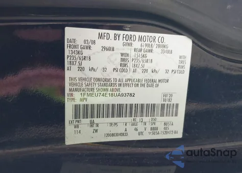 2008 Ford Explorer Eddie Bauer from USA, damaged, VIN 1FMEU74E18UA93782